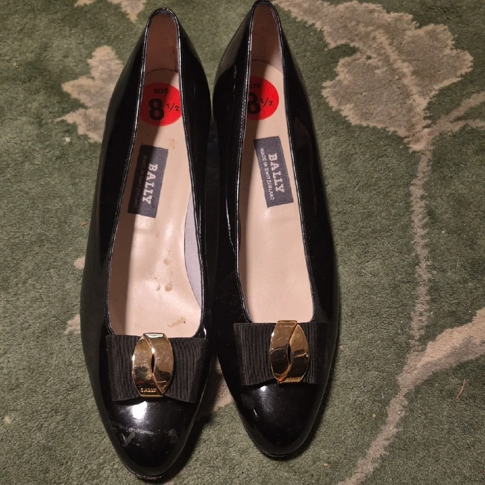 Bally Women's Black Patent Leather Loafers with Gold Buckle